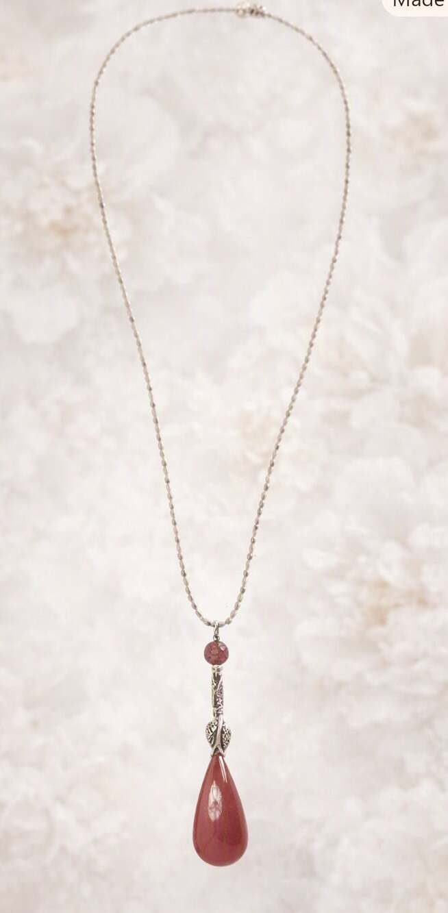 Sterling Silver Carnelian Marcasite Teardrop Necklace 18 In VTG Ball Chain Italy